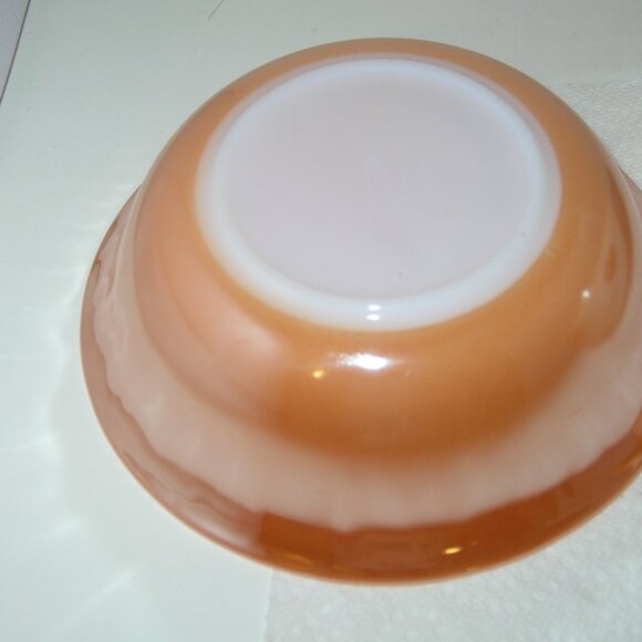 3 Vintage Fire King Peach Luster LAUREL LEAF BOWLS Oven Ware 8.25"x2.75"T USA B - Picture 5 of 5